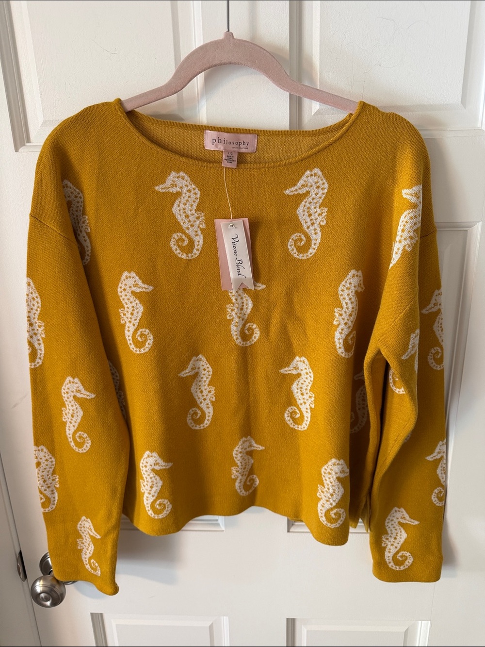 NWT Philosophy Gold & White cropped Seahorse Knit Sweater Coastal Nautical Large - Picture 4 of 8